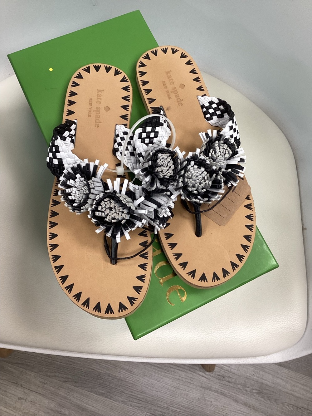 kate spade Black & White Floral Woven Thong Sandals